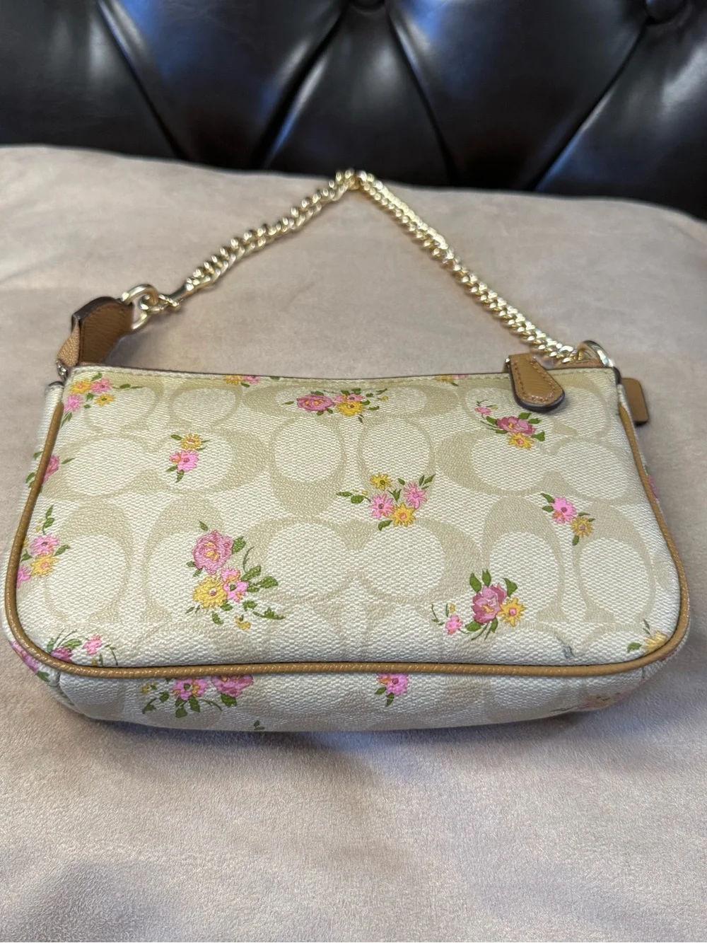 COACH SAND FLORAL SIGNATURE COATED CANVAS MINI POCHETTE/WRISTLET/GOLD HARDWARE